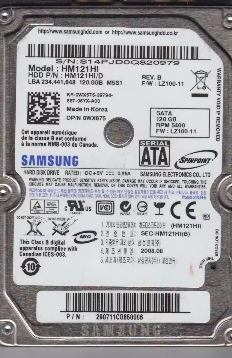 Samsung HM121HI/D Spinpoint M5S 120GB SATA 1.5Gb/s 5400RPM 8MB Cache 2.5-inch Internal Hard Drive