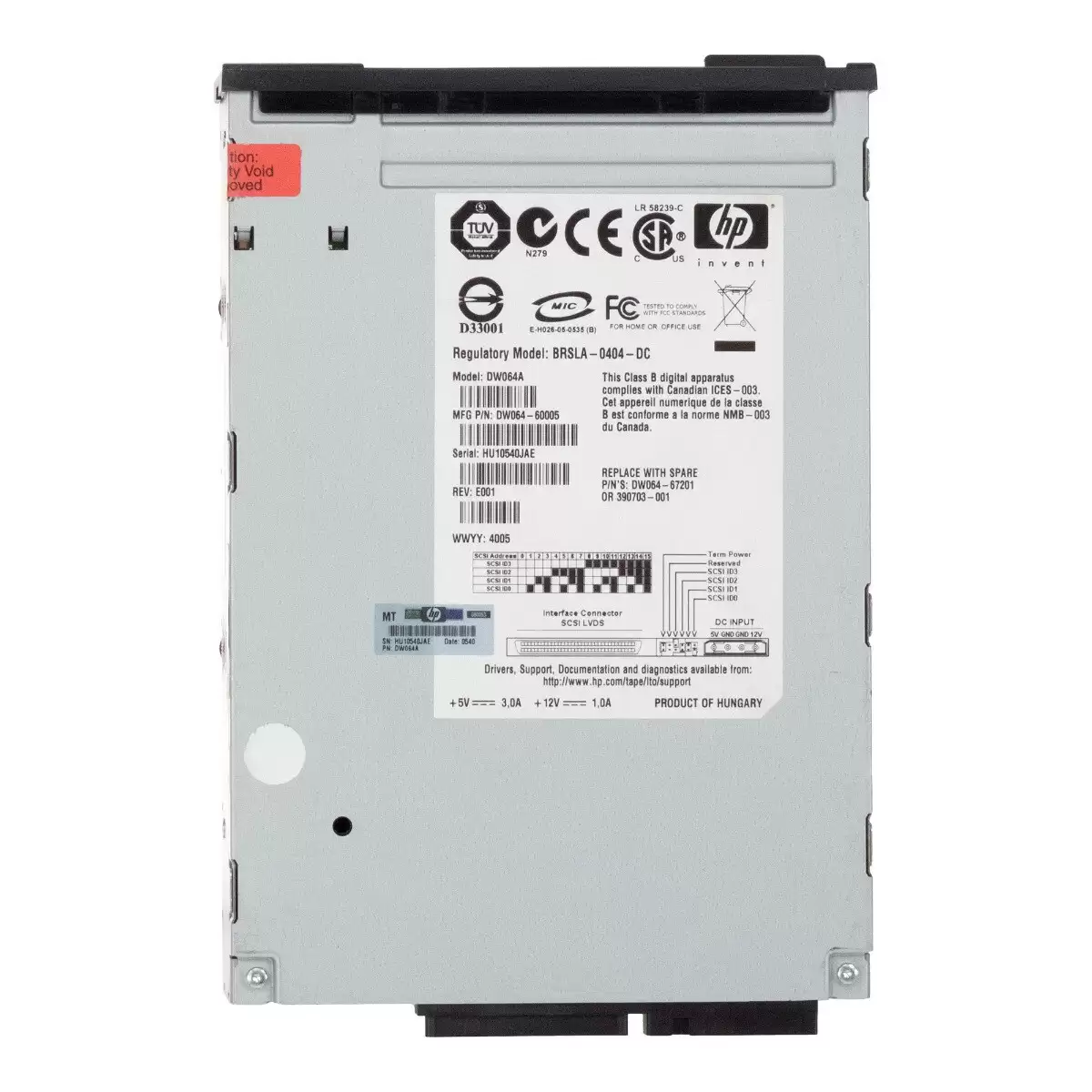 HPE DW064A StorageWorks 200GB (Native) / 400GB (Compressed) LTO-2 SCSI LVD Internal Tape Drive