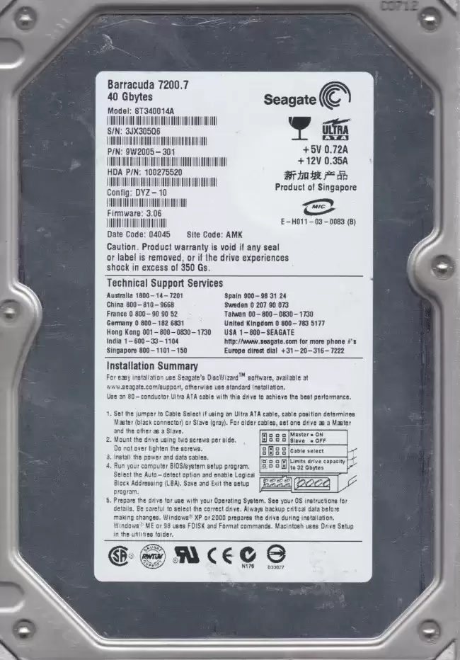 Seagate 9W2005-301 Barracuda 7200.7 40GB ATA/100 7200RPM 2MB Cache 3.5-inch Internal Hard Drive