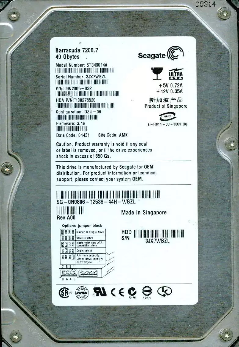 Seagate 9W2005-032 Barracuda 7200.7 40GB ATA/100 7200RPM 2MB Cache 3.5-inch Internal Hard Drive