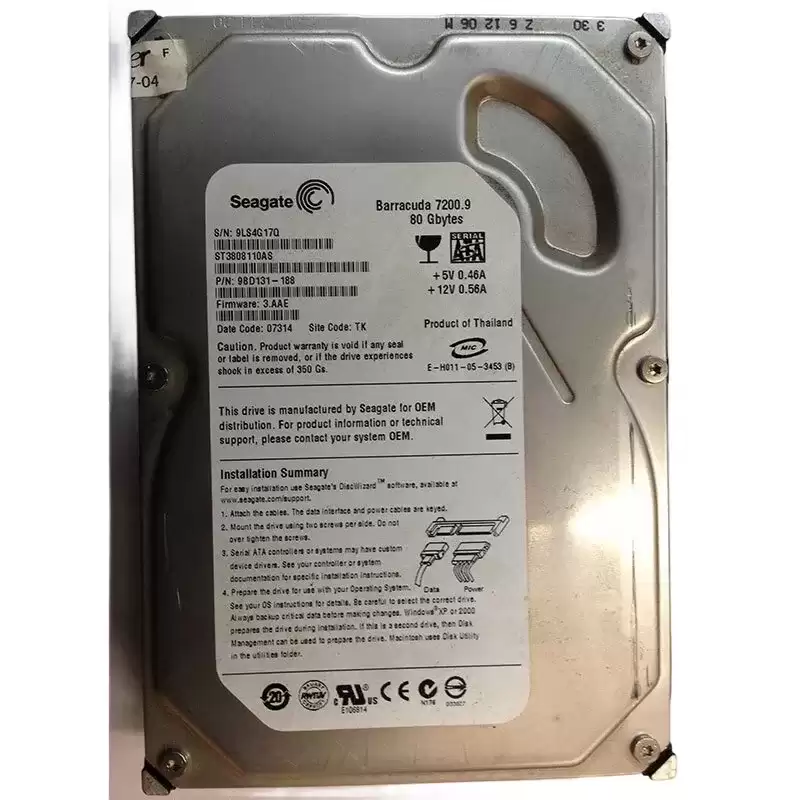 Seagate 9BD131-188 Barracuda 7200.9 80GB SATA 3Gb/s 7200RPM 8MB Cache 3.5-inch Internal Hard Drive
