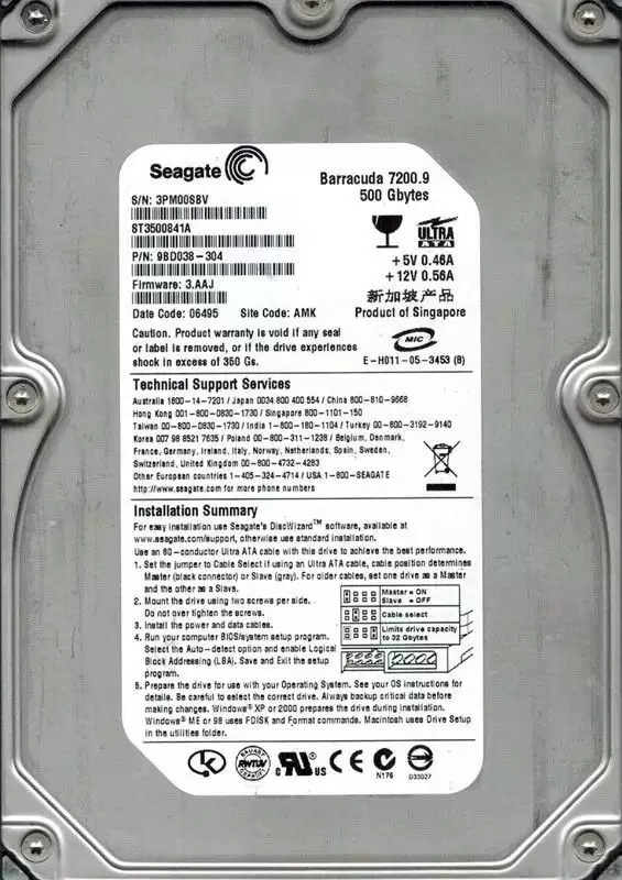 Seagate 9BD038-304 Barracuda 7200.9 500GB ATA/100 7200RPM 8MB Cache 3.5-inch Internal Hard Drive