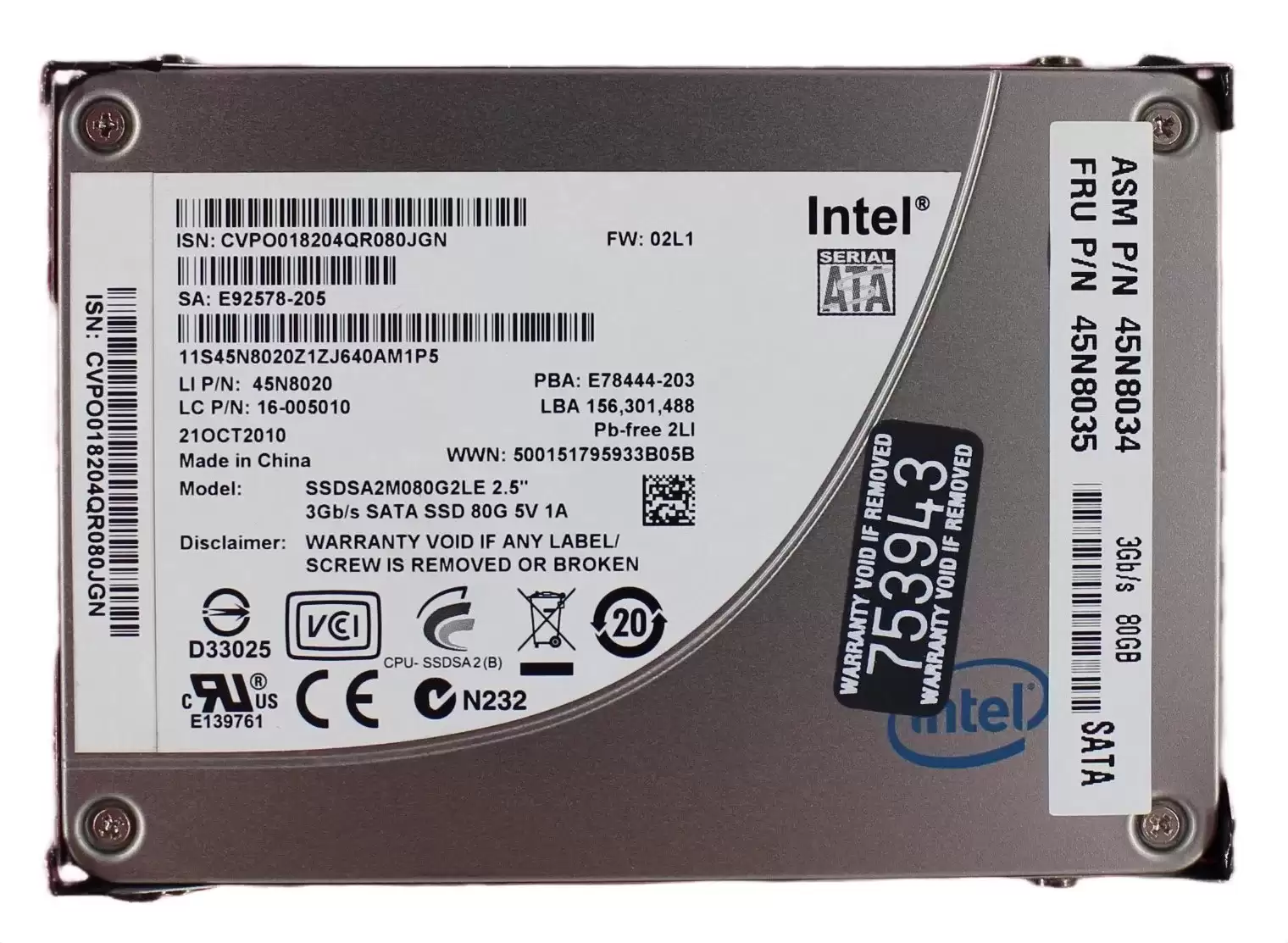 IBM 45N8035 80GB SATA 3Gb/s MLC 2.5-inch Solid State Drive