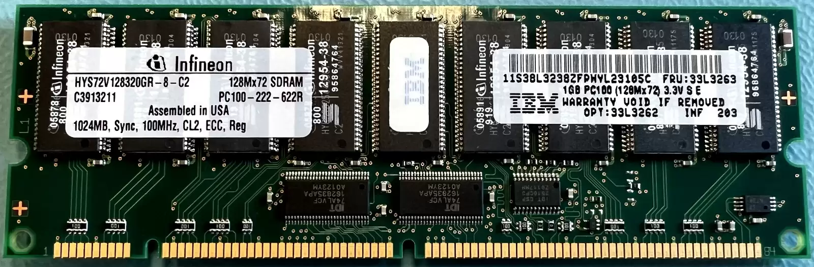 IBM 33L3262 4GB 100MHz DDR PC-100 ECC Registered CL2 168-Pin DIMM 3.3V Dual Rank X8 Memory Module