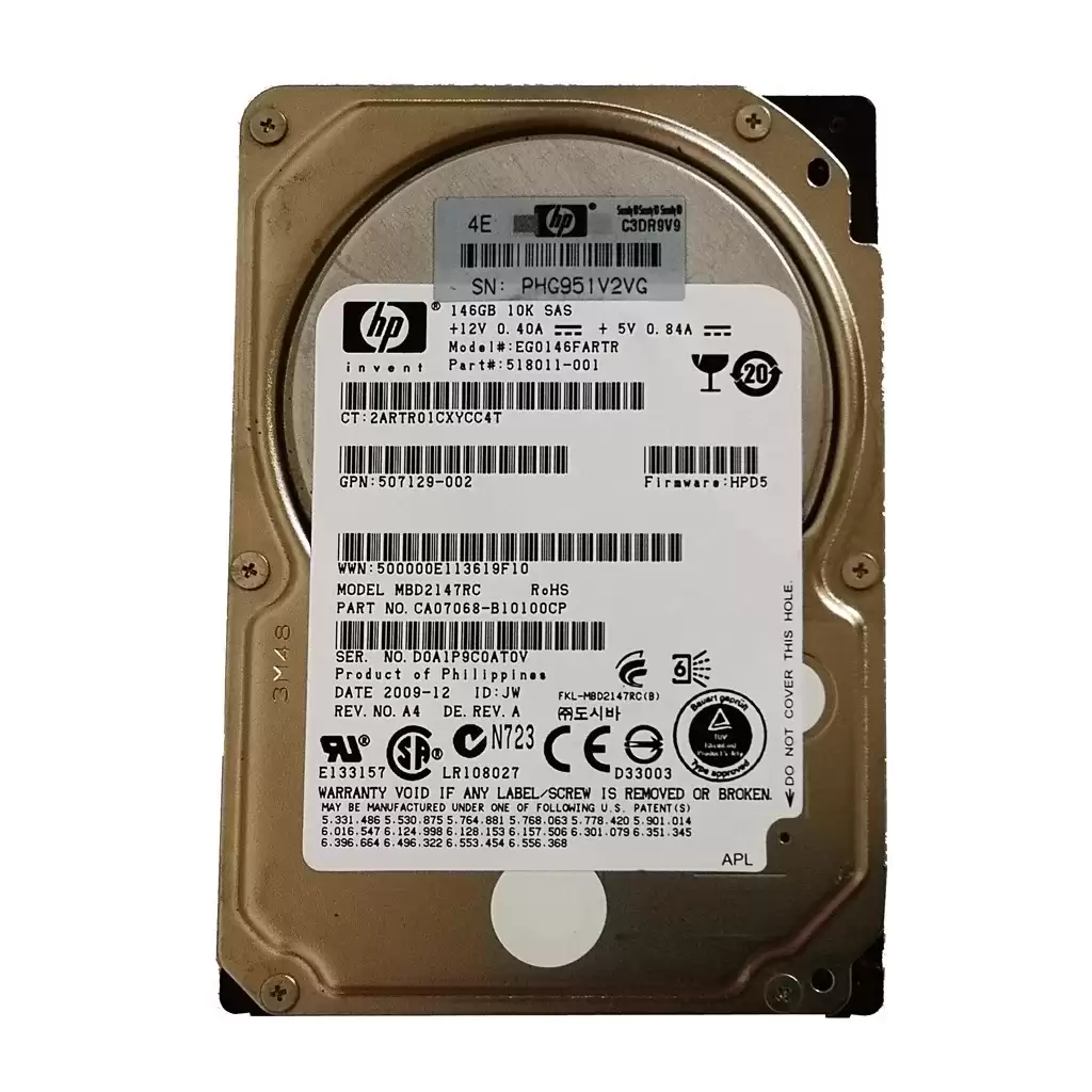 HPE 507119-003 146GB SAS 6Gb/s Hot Swap 10000RPM 2.5-inch Internal Hard Drive with Smart Carrier for MSA