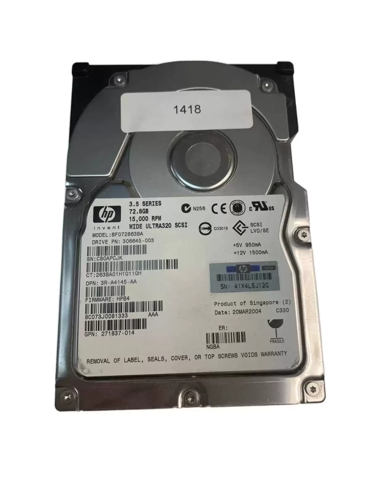 HPE BF072863BA 72.8GB Ultra-320 SCSI 80-Pin LVD Hot Swap 15000RPM 3.5-inch Internal Hard Drive