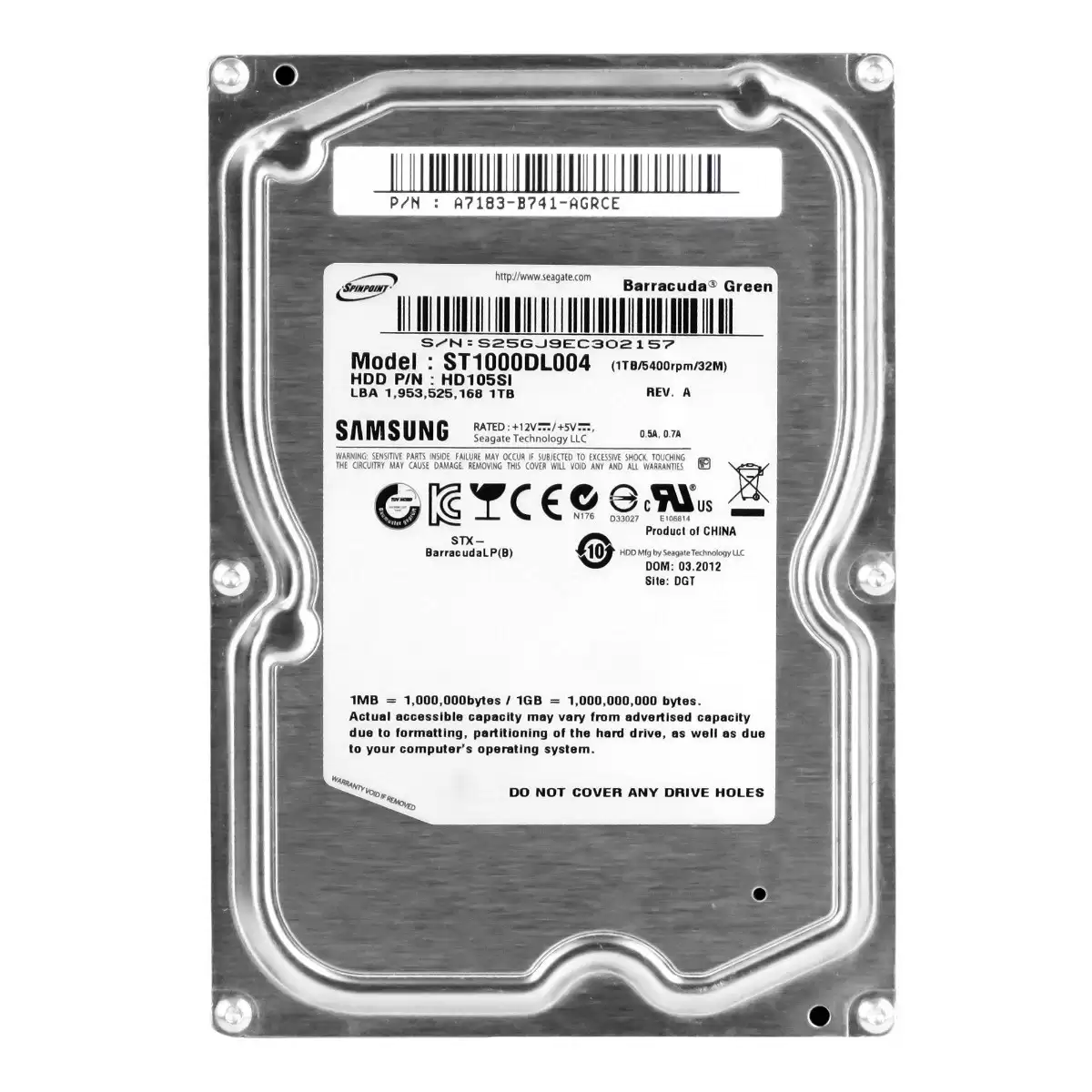 Seagate ST1000DL004 Barracuda Green 1TB SATA 3Gb/s 5400RPM 32MB Cache 3.5-inch Internal Hard Drive