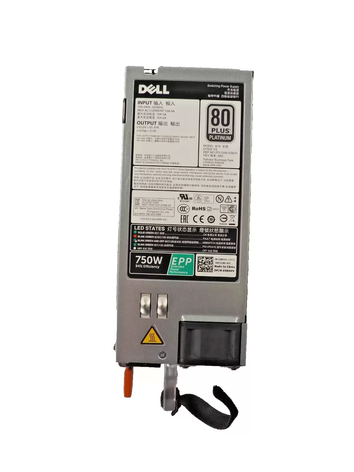 Dell 05RHVV 750-Watts 80 Plus Platinum Hot Swap Redundant Power Supply for PowerEdge R530 R540 and R730