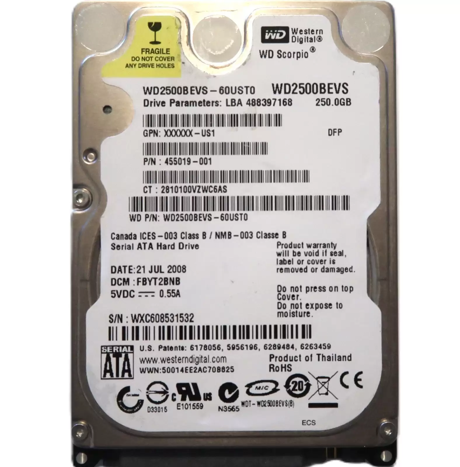 Western Digital WD2500BEVS-60UST0 Scorpio Blue 250GB 5400RPM SATA 1.5Gb/s 8MB Cache 2.5inch Internal Hard Drive