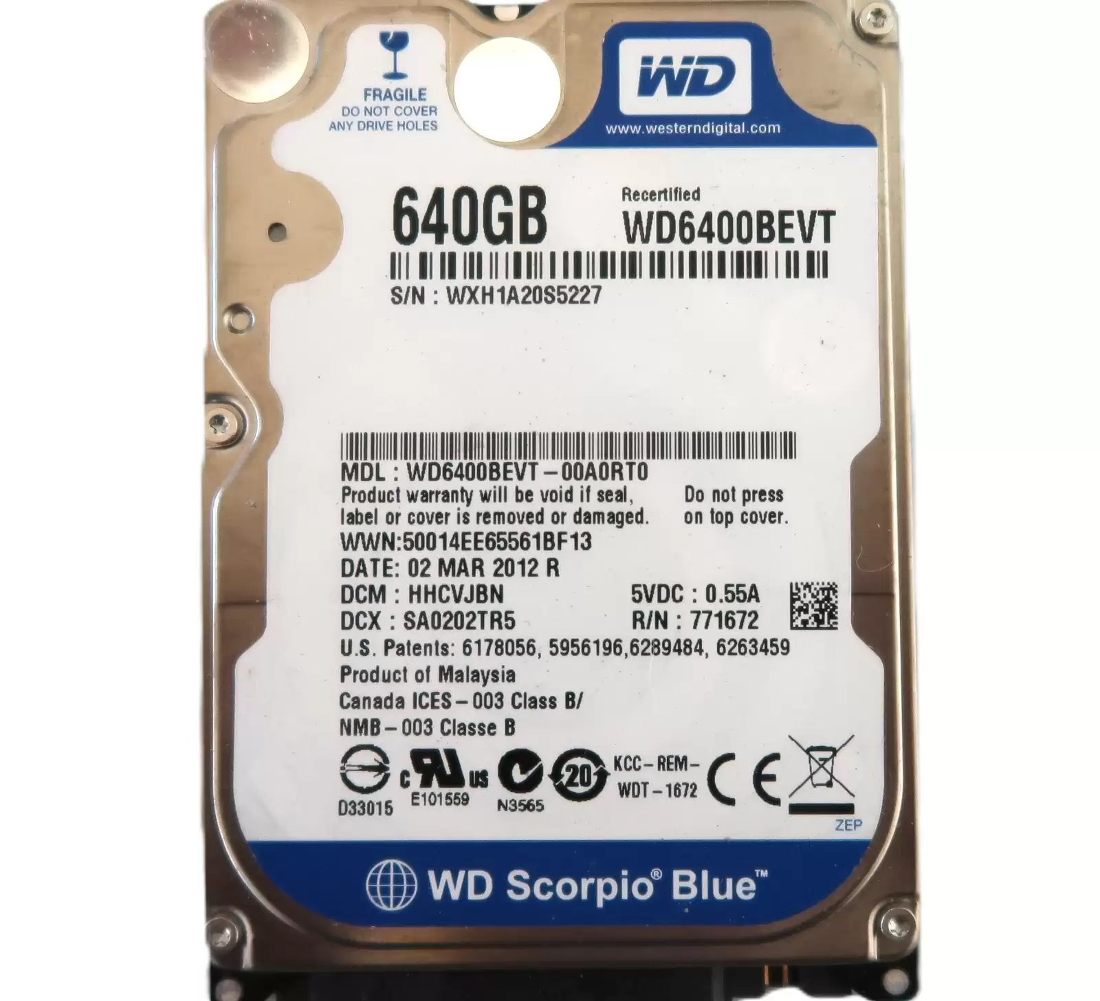 Western Digital WD6400BEVT Scorpio Blue 640GB 5400RPM SATA 3GB/s 8MB Cache 2.5inch Internal Laptop Internal Hard Drive