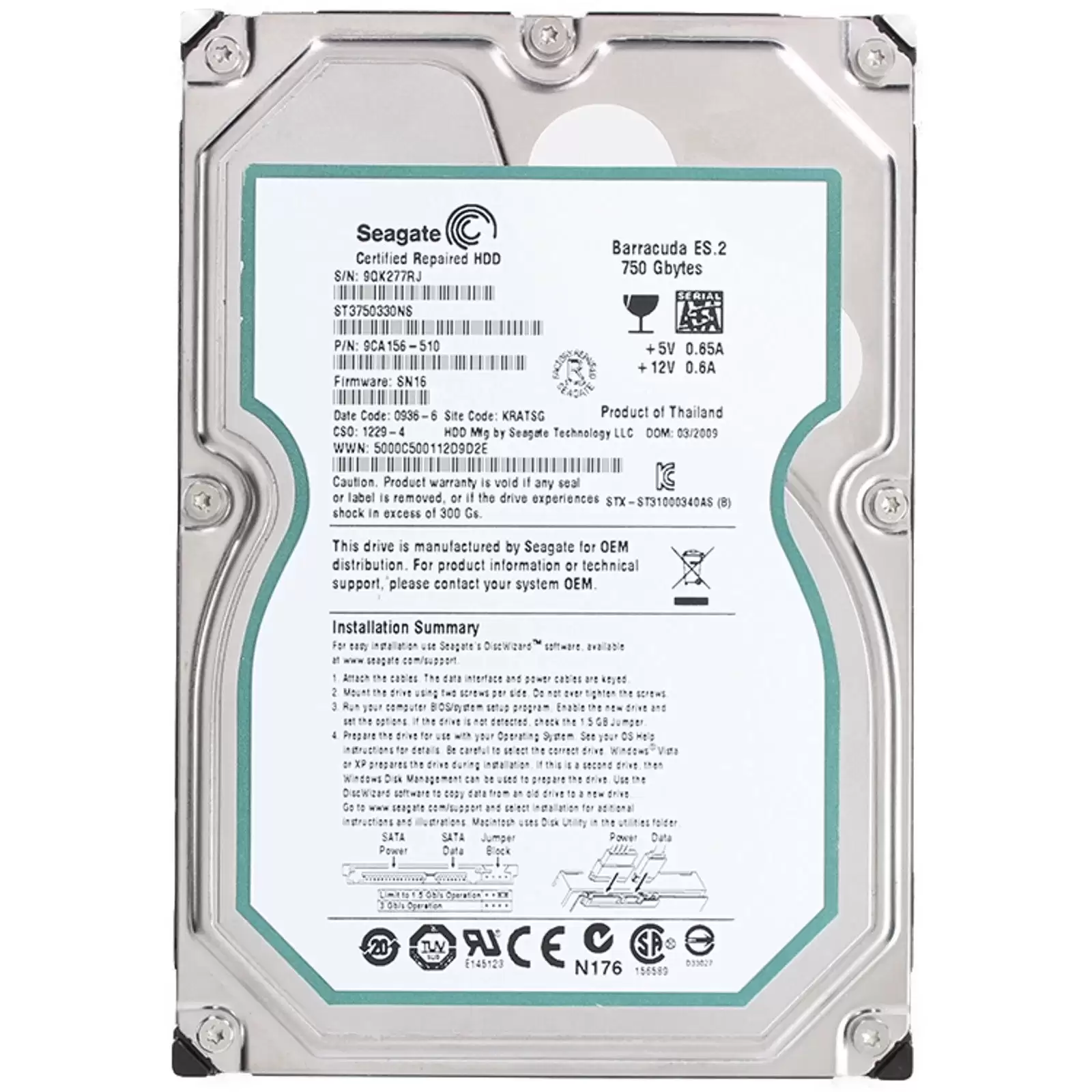 Seagate ST3750330NS BarraCuda ES 750GB SATA 3Gb/s 7200RPM 32MB Cache 3.5inch Internal Hard Drive