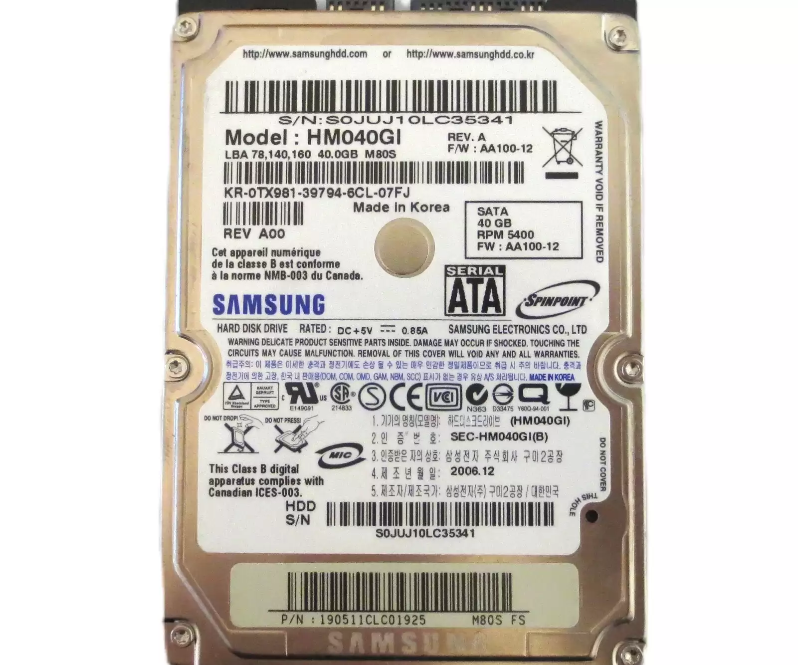 Samsung HM040GI Spinpoint M 40GB 5400RPM SATA 1.5Gbps 2MB Cache 2.5inch Internal Hard Drive