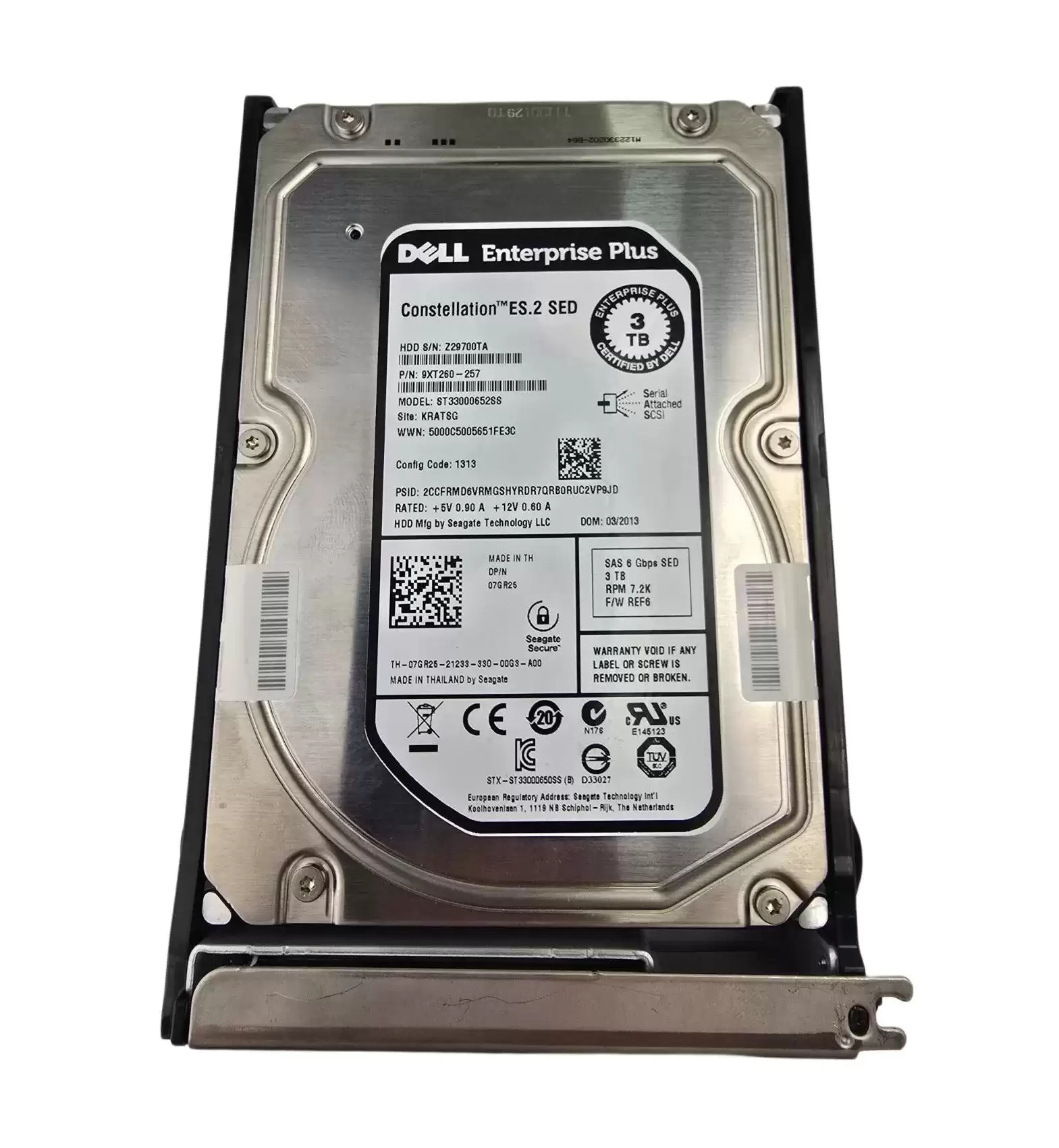 Dell 07GR25 3TB SAS 6Gb/s Hot Swap 7200RPM 64MB Cache (SED) 3.5-inch Internal Hard Drive with Tray for EqualLogic PS6110E and PS4100