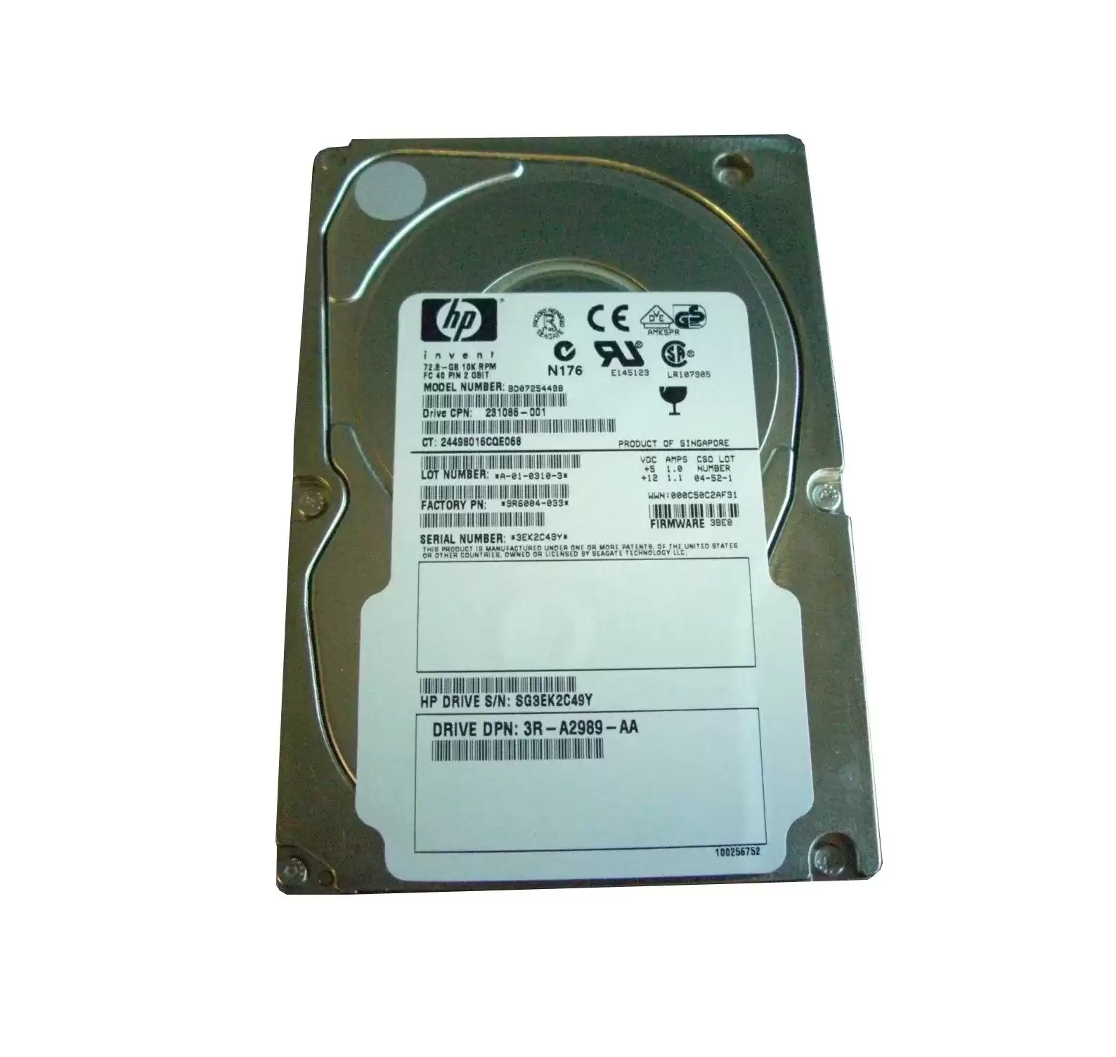 HPE BD07254498 72GB Fibre Channel 2Gb/s Dual Port Hot Swap 10000RPM 3.5-inch Internal Hard Drive