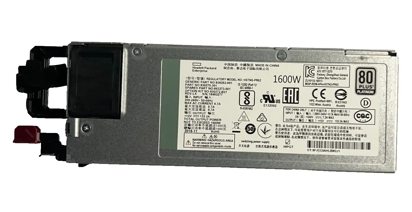 HPE 830270-301 1600-Watts 80 Plus Platinum Hot Swap Power Supply for ProLiant DL360 G10
