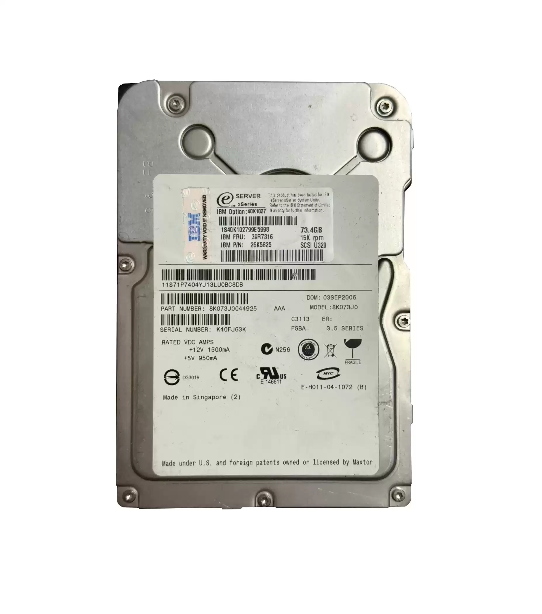 IBM 40K1027 73.4GB Ultra-320 SCSI 80-Pin 15000RPM 8MB Cache 3.5-inch Internal Hard Drive