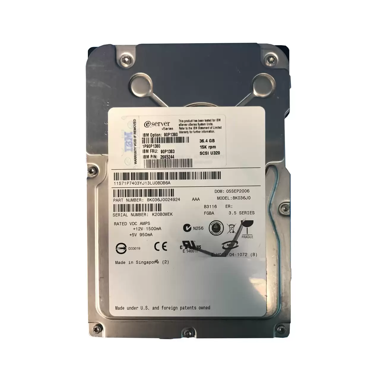 IBM 90P1383 36.4GB Ultra-320 SCSI 80-Pin Hot Swap 15000RPM 3.5-inch Internal Hard Drive with Tray