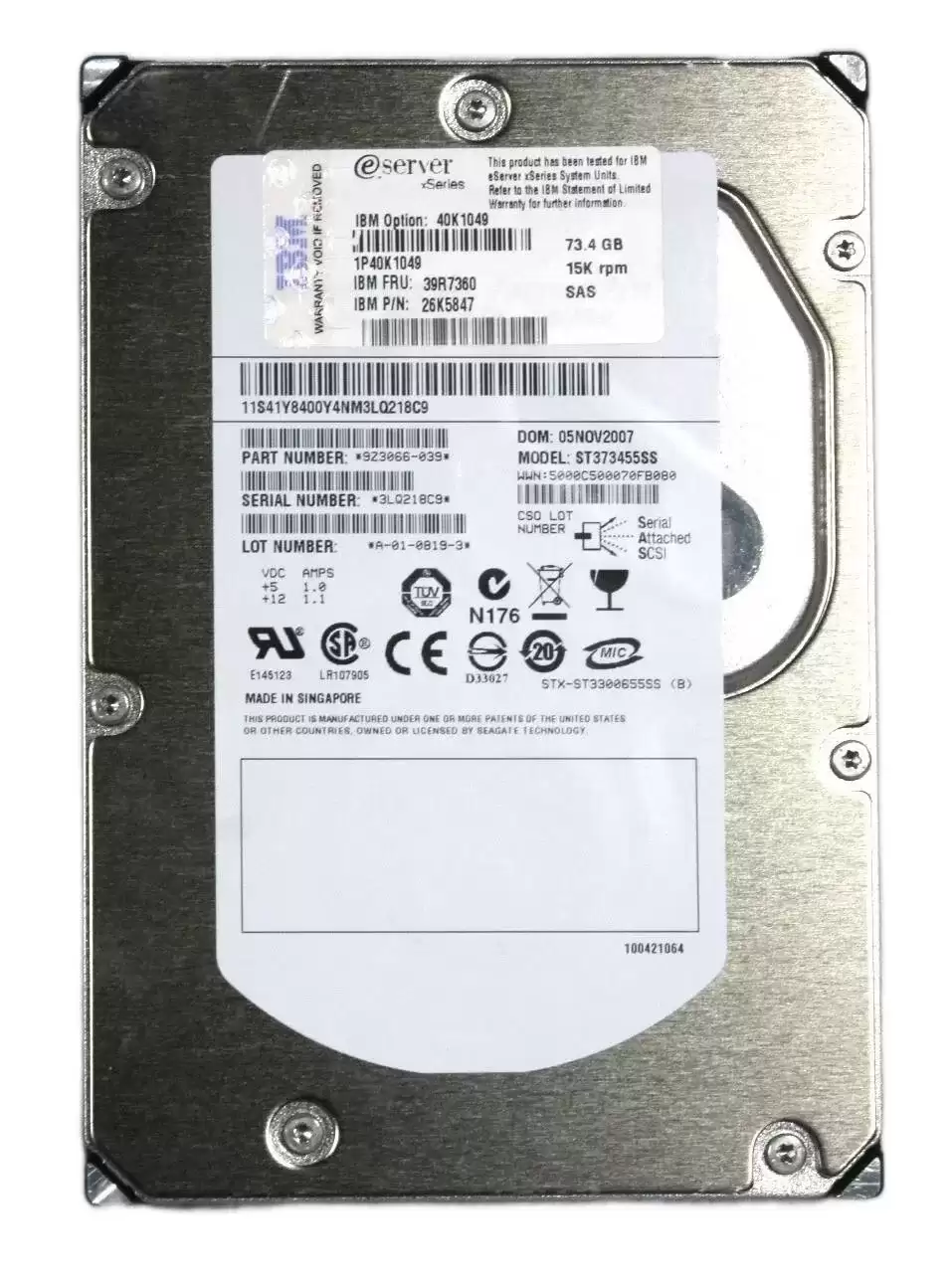 IBM 40K1049 73GB SAS 3Gb/s Hot Swap 15000RPM 3.5-inch Internal Hard Drive