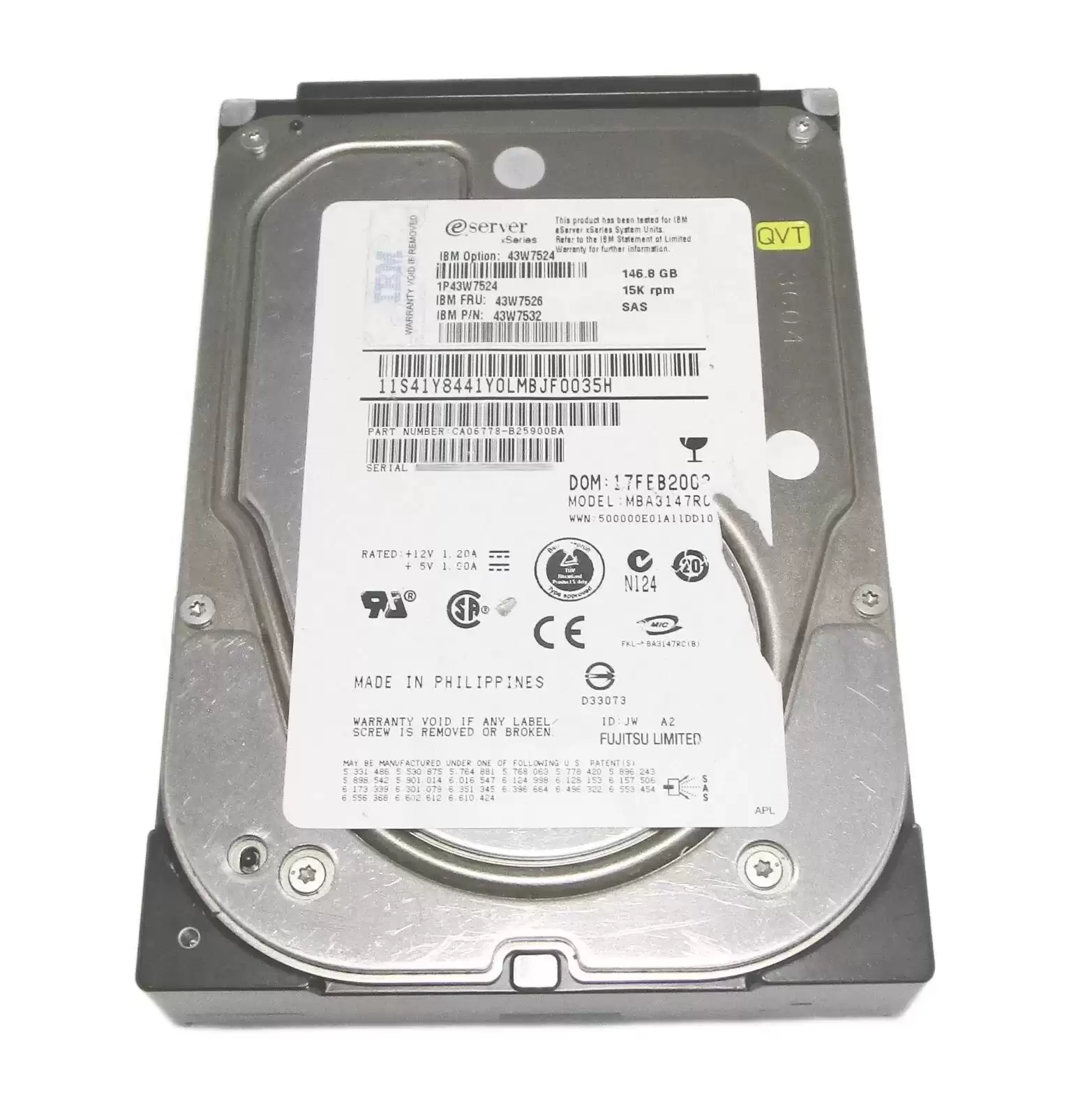 IBM 43W7526 146.8GB SAS 6Gb/s Hot Swap 15000RPM 3.5-inch Internal Hard Drive
