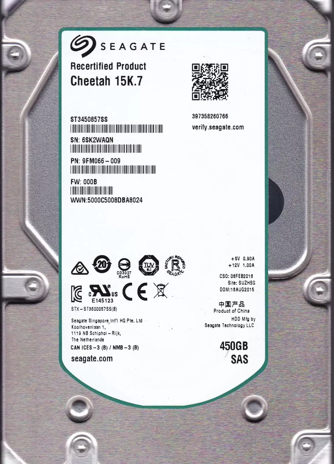 Seagate 9FM066-009 Cheetah 15K.7 450GB SAS 6Gb/s 15000RPM 16MB Cache 3.5inch Internal Hard Drive