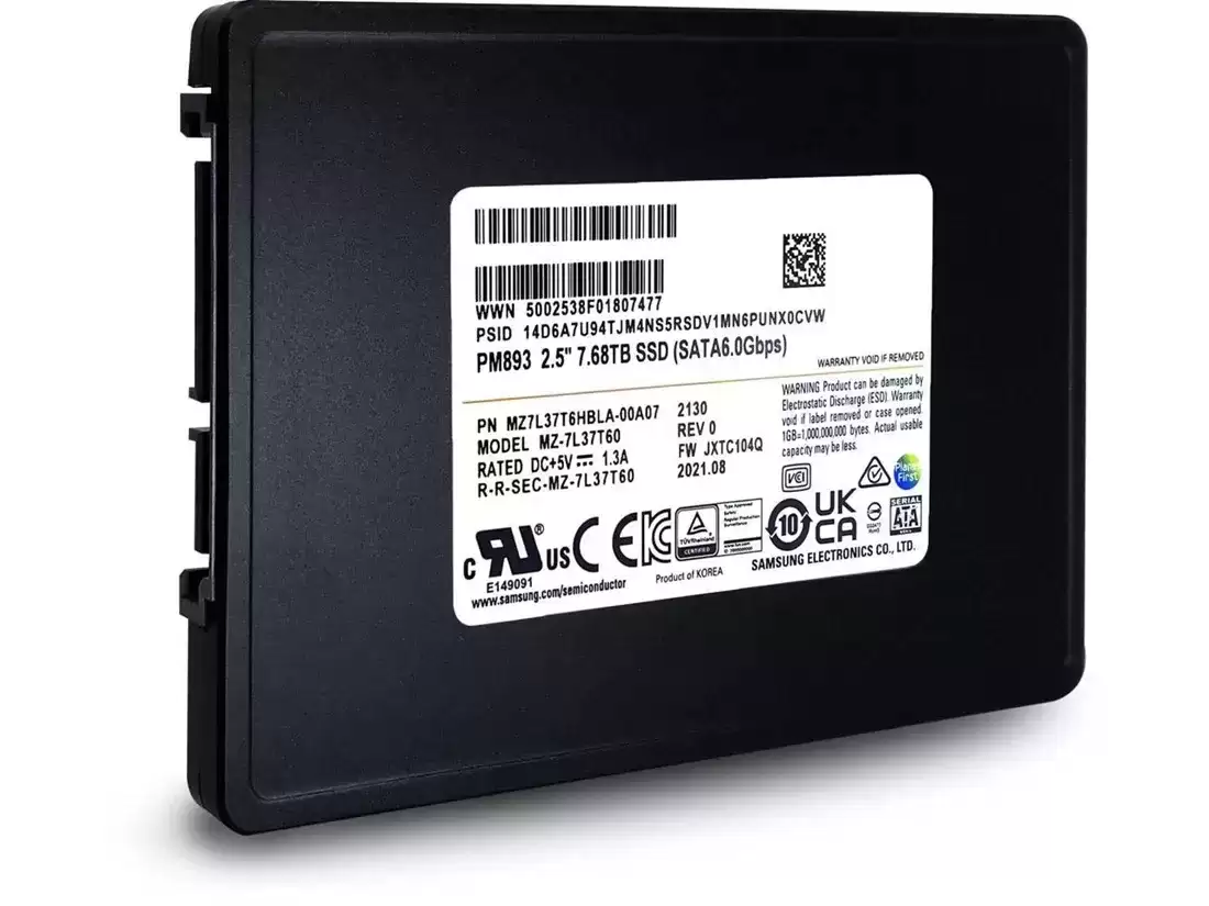 Samsung MZ7L37T6HBLA-00W07 PM893 7.68TB SATA 6Gb/s 3D NAND TLC AES-256 PLP 2.5-inch Solid State Drive