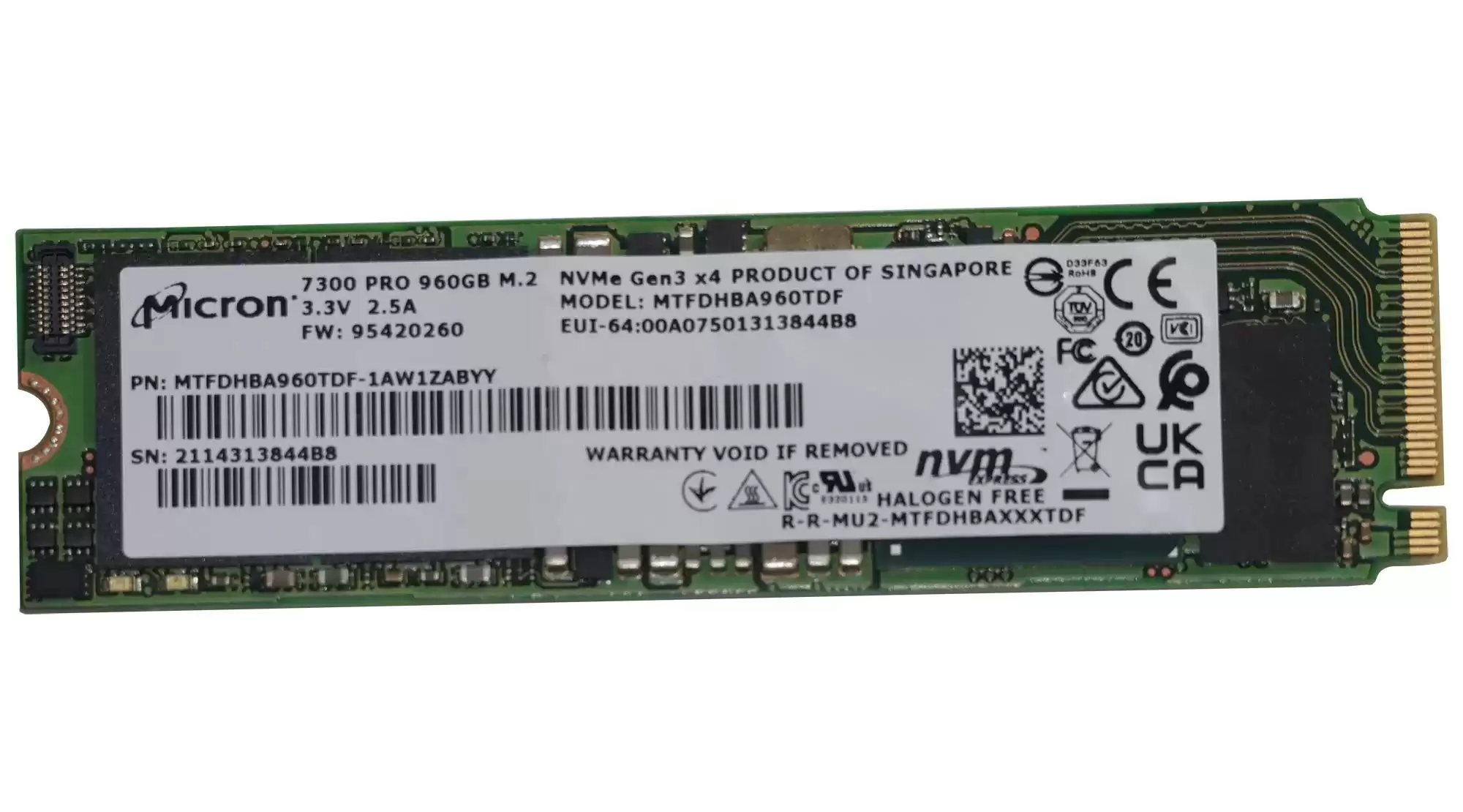 Micron MTFDHBA960TDF-1AW1ZABYY R 7300 Pro 960GB PCI-Express 3.0 x4 Read Intensive 3D NAND TLC AES-256 PLP 512n M.2 2280 Solid State Drive