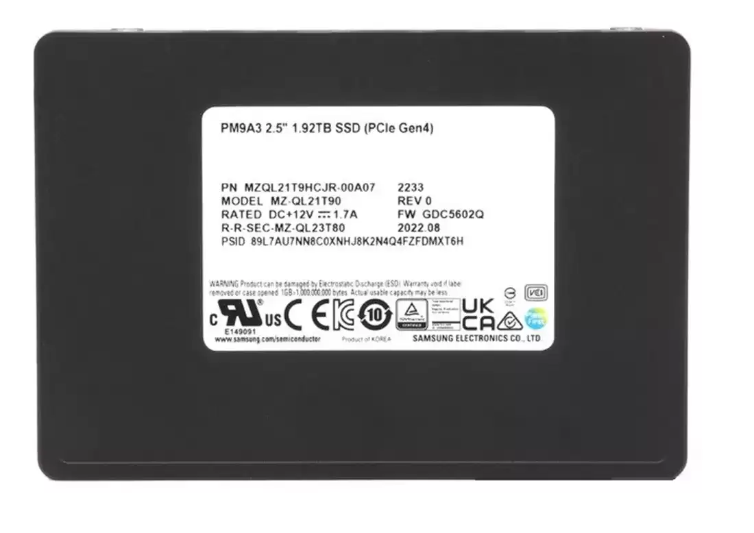 Samsung MZ-QL21T90 PM9A3 1.92TB PCI-Express 4.0 x4 3D NAND TLC AES-256 TCG Opal 2.0 PLP U.2 Solid State Drive