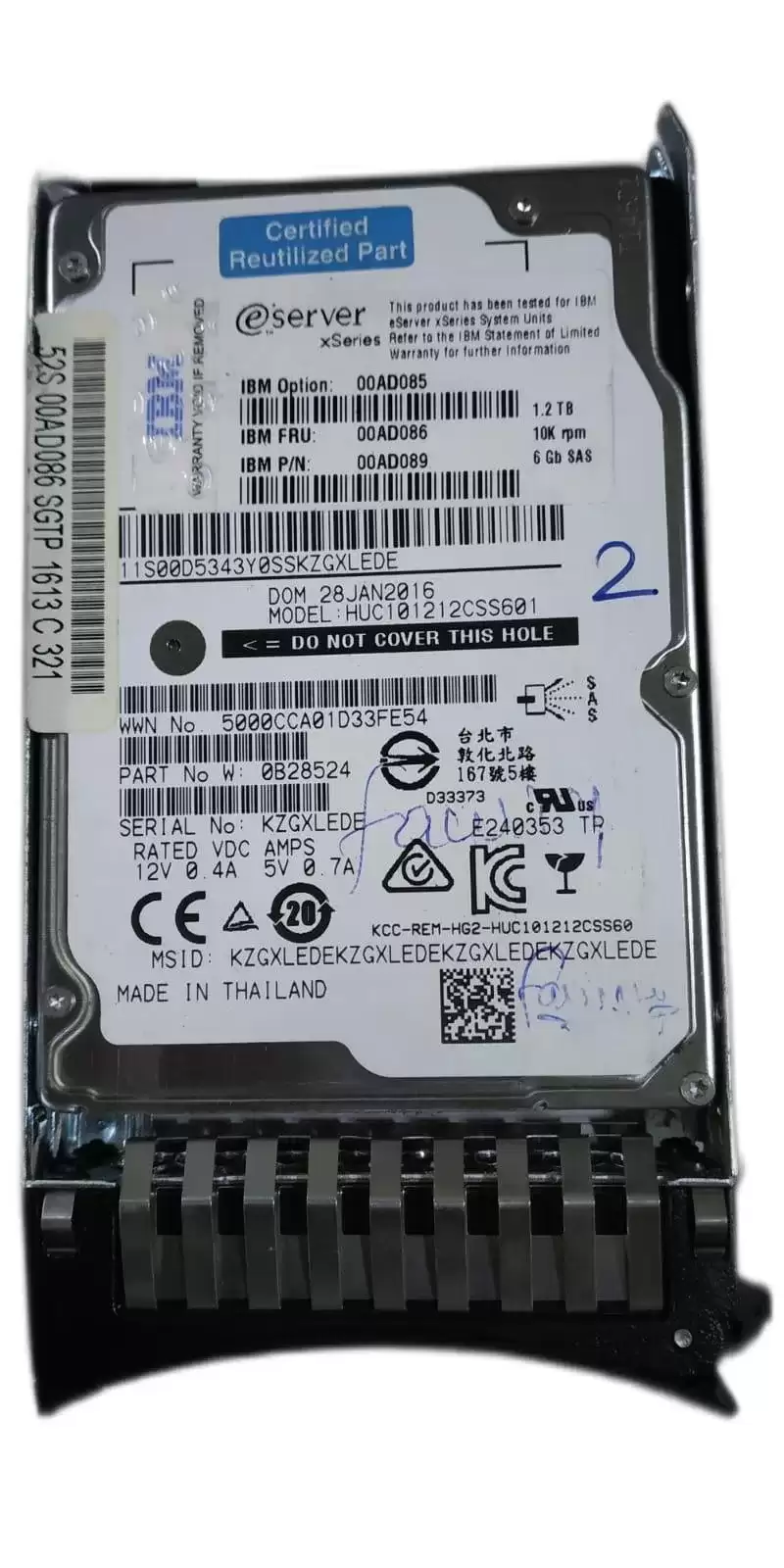 IBM 00AD085 1.2TB SAS 6Gb/s 10000RPM 32MB Cache (SED) 2.5inch Internal Hard Drive with Tray