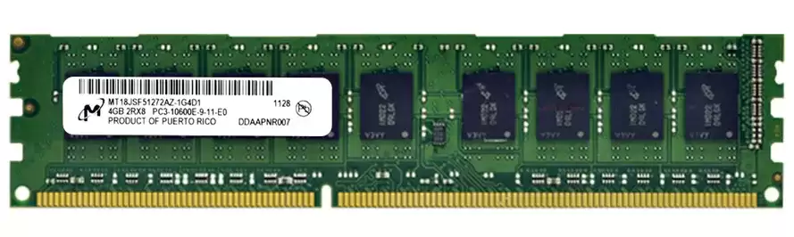 Micron MT18JSF51272AZ-1G4D1 4GB 1333MHz DDR3 PC3-10600 ECC Unbuffered CL9 240-Pin DIMM 1.5V Dual Rank Memory Module