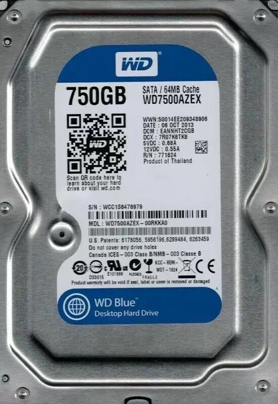 Western Digital WD7500AZEX Caviar Blue 750GB SATA 6Gb/s 7200RPM 64MB Cache 3.5-inch Internal Hard Drive
