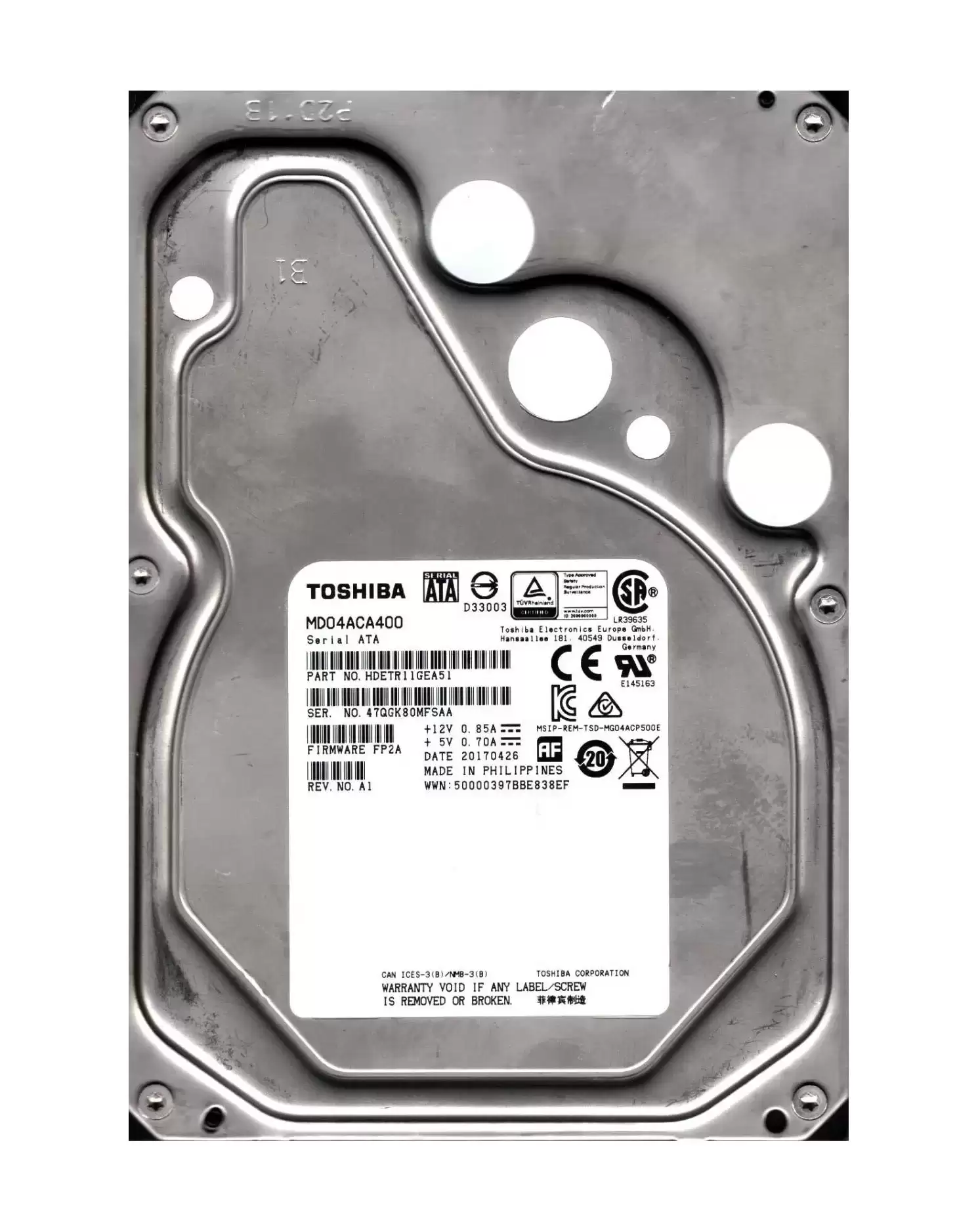 Toshiba MD04ACA400 4TB SATA 6Gb/s 7200RPM 128MB Cache 3.5-inch Internal Hard Drive