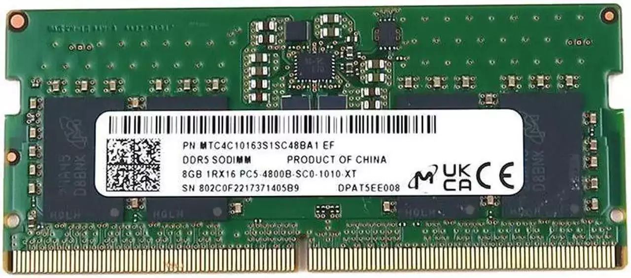 Micron MTC4C10163S1SC48BA1 8GB 4800MHz DDR5 PC5-38400 Non-ECC CL40 SODIMM 262-Pin 1.1V Single Rank x16 Memory Module
