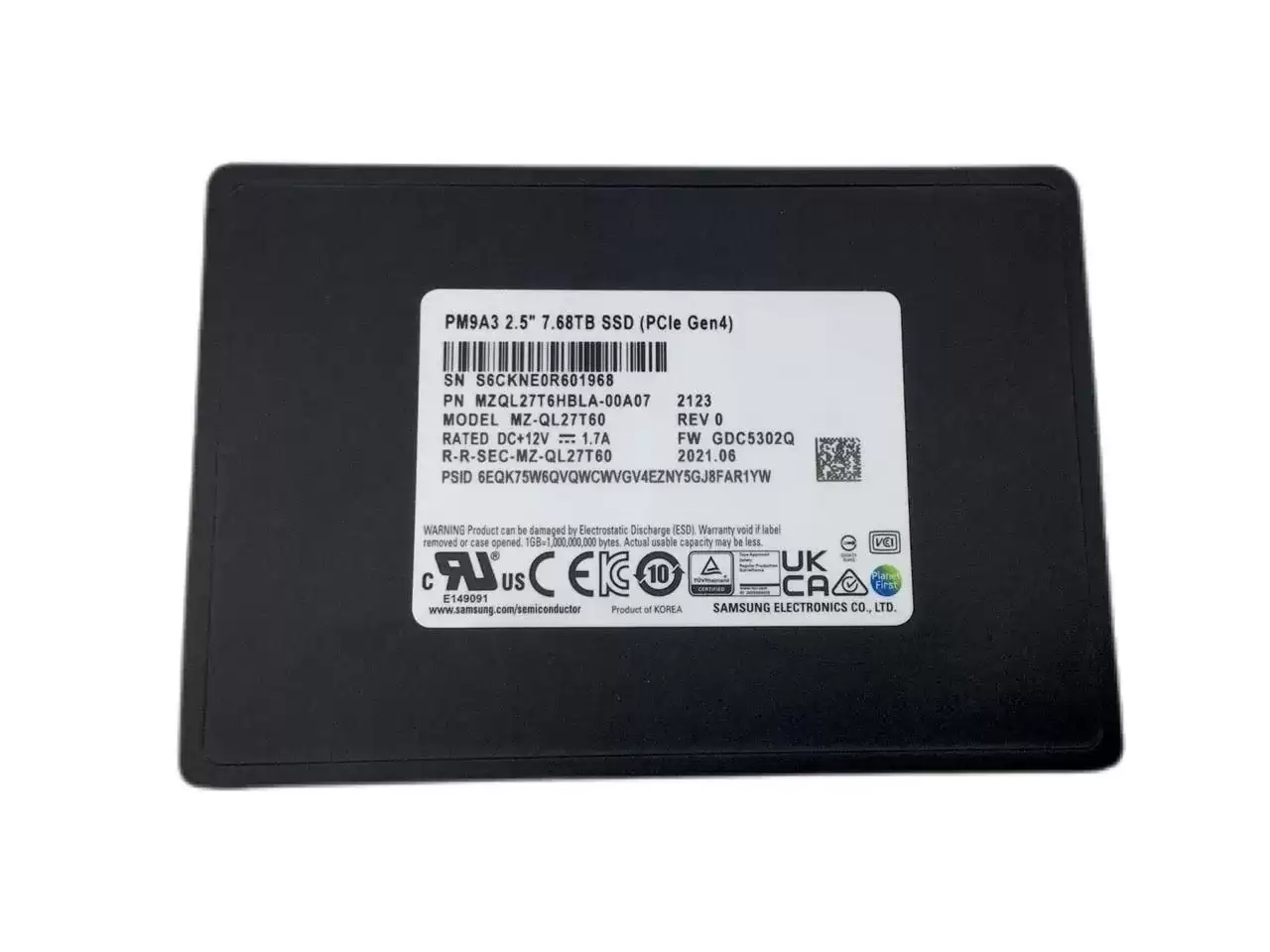 Samsung MZQL27T6HBLA-00A07 PM9A3 7.68TB PCI-Express 4.0 x4 NVMe 3D NAND TLC (AES-256 / TCG Opal 2.0 / PLP) U.2 2.5-inch Solid State Drive