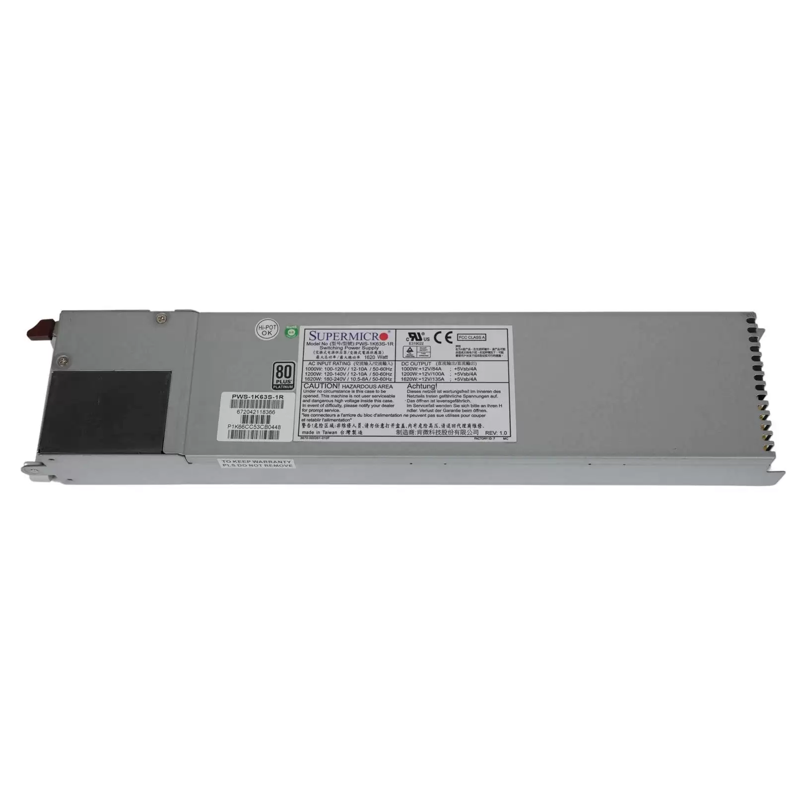 SuperMicro PWS-1K63S-1R 1600-Watts 80 Plus Platinum Hot Swap Redundant 1U Power Supply for MicroCloud and High Density Servers