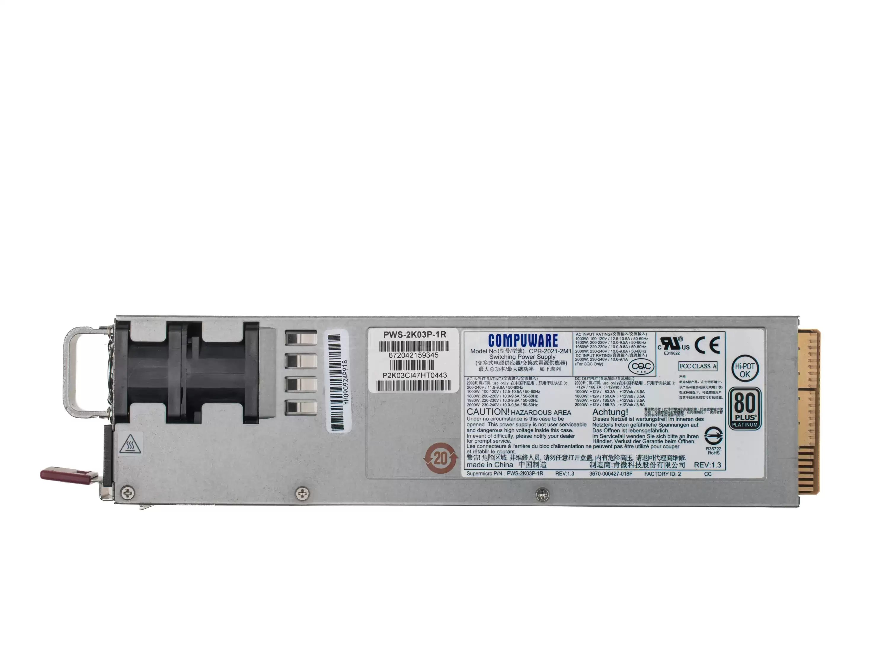 SuperMicro PWS-2K03P-1R 2000-Watts 80 Plus Platinum Redundant 1U Power Supply Module with Active PFC