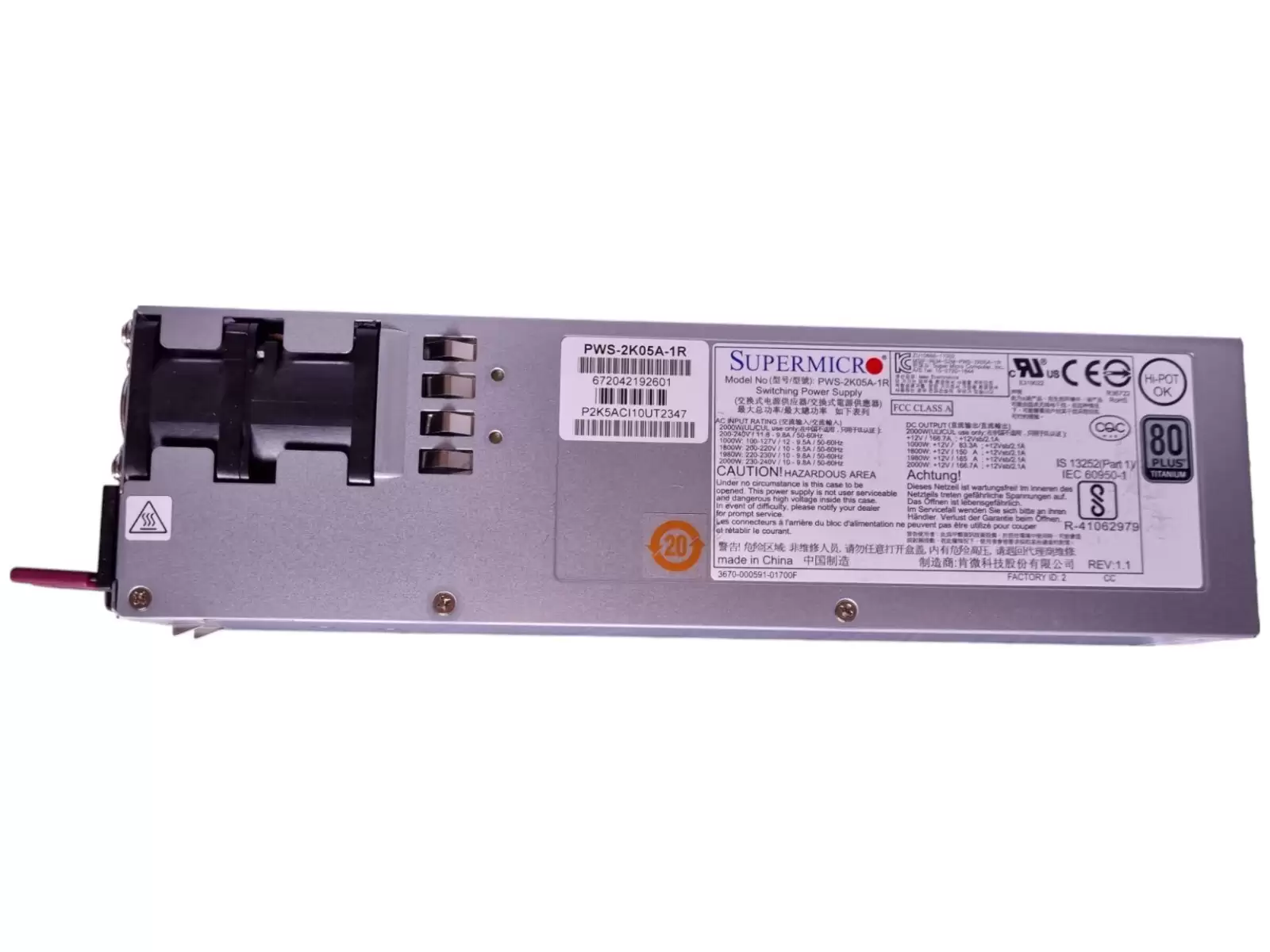 SuperMicro PWS-2K05A-1R 2000-Watts 80 Plus Titanium Redundant Hot Swap AC Power Supply for X10 and X11