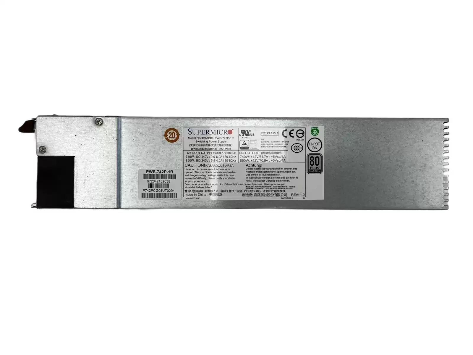SuperMicro PWS-742P-1R 850-Watts 80 Plus Platinum Redundant 1U Power Supply for RMX508 1500 1800 and 2000 Series
