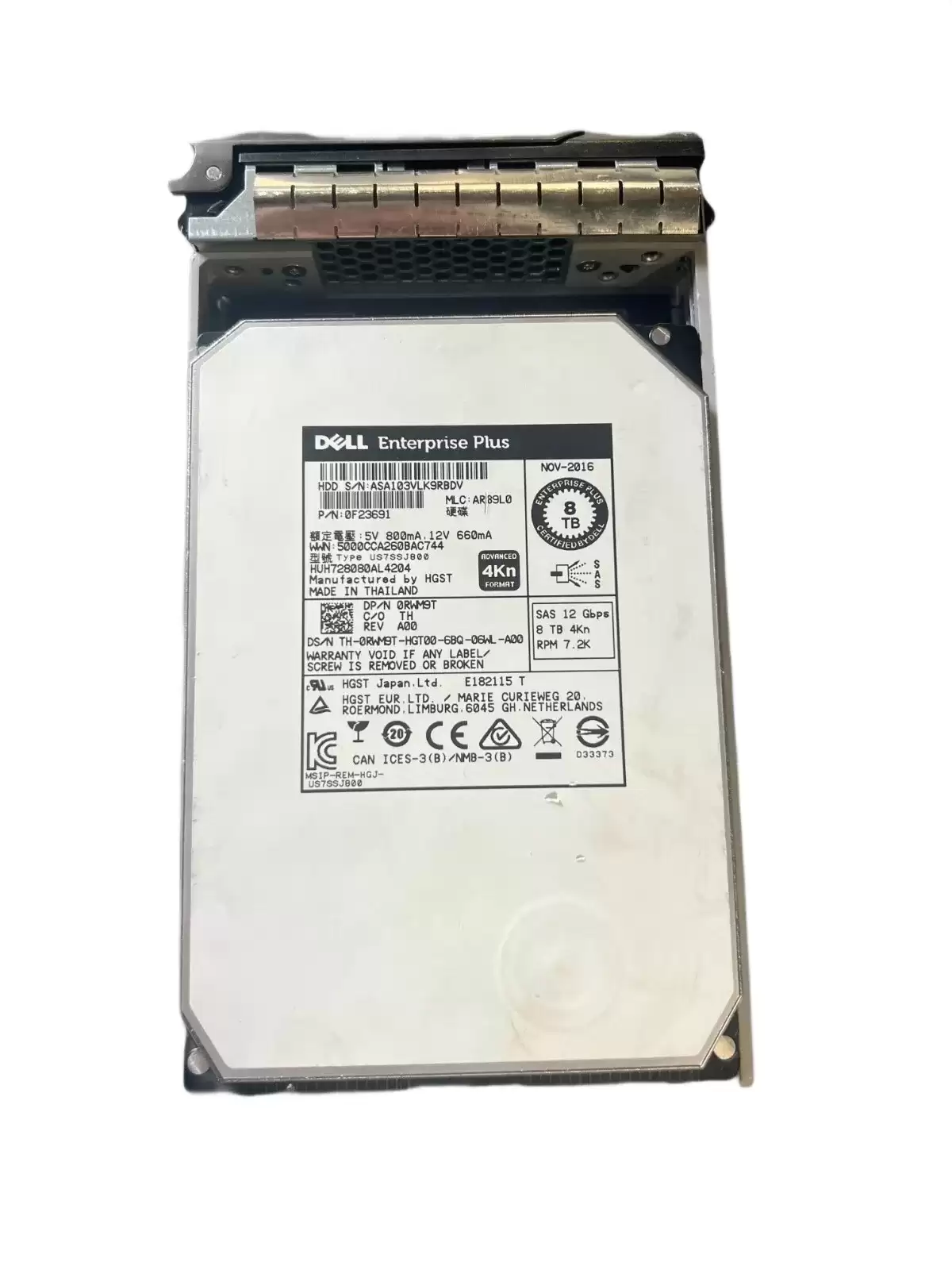 Dell RWM9T 8TB SAS 12Gb/s Hot Swap 7200RPM (4Kn) 3.5-inch Internal Hard Drive with Tray for Compellent SC5020 and SC8000