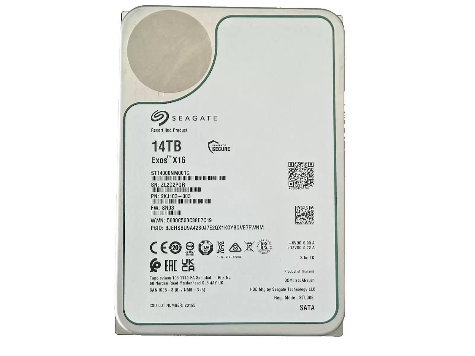 Seagate ST14000NM001G Exos X16 14TB SATA 6Gb/s 7200RPM 256MB Cache (4Kn) 3.5-inch Internal Hard Drive
