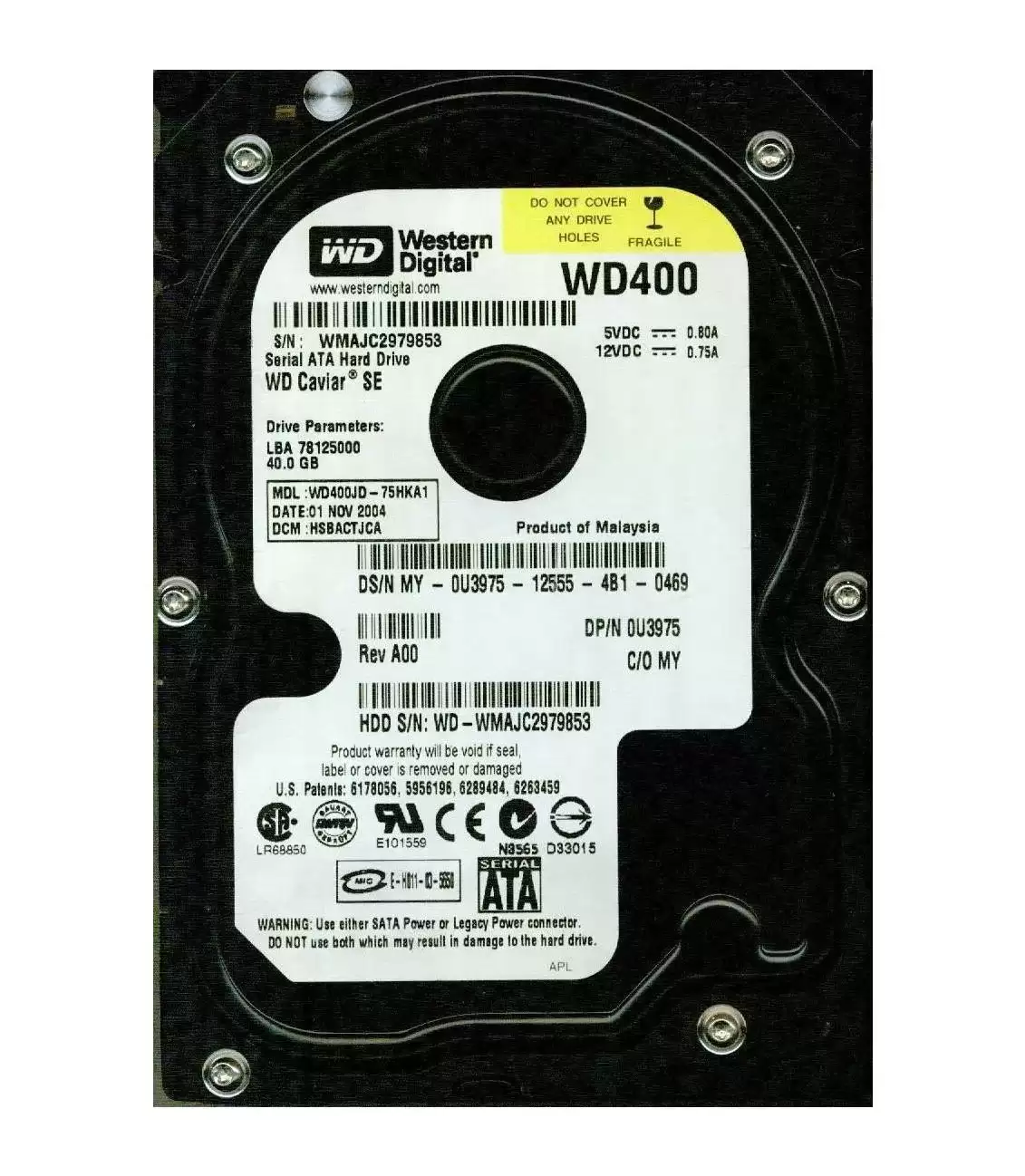 Western Digital WD400JD-75HKA1 Caviar Blue 40GB SATA 3Gb/s 7-Pin 7200RPM 8MB Cache 3.5-inch Internal Hard Drive