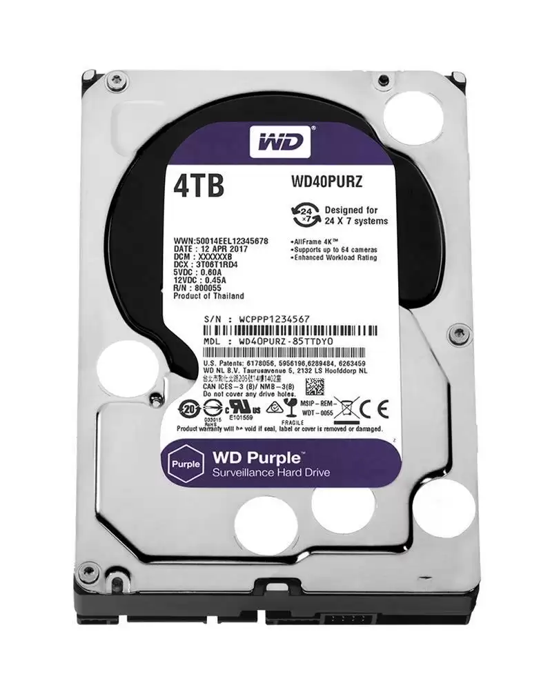 Western Digital WD40PURZ Purple 4TB SATA 6Gb/s 5400RPM 64MB Cache (512e) 3.5-inch Internal Hard Drive
