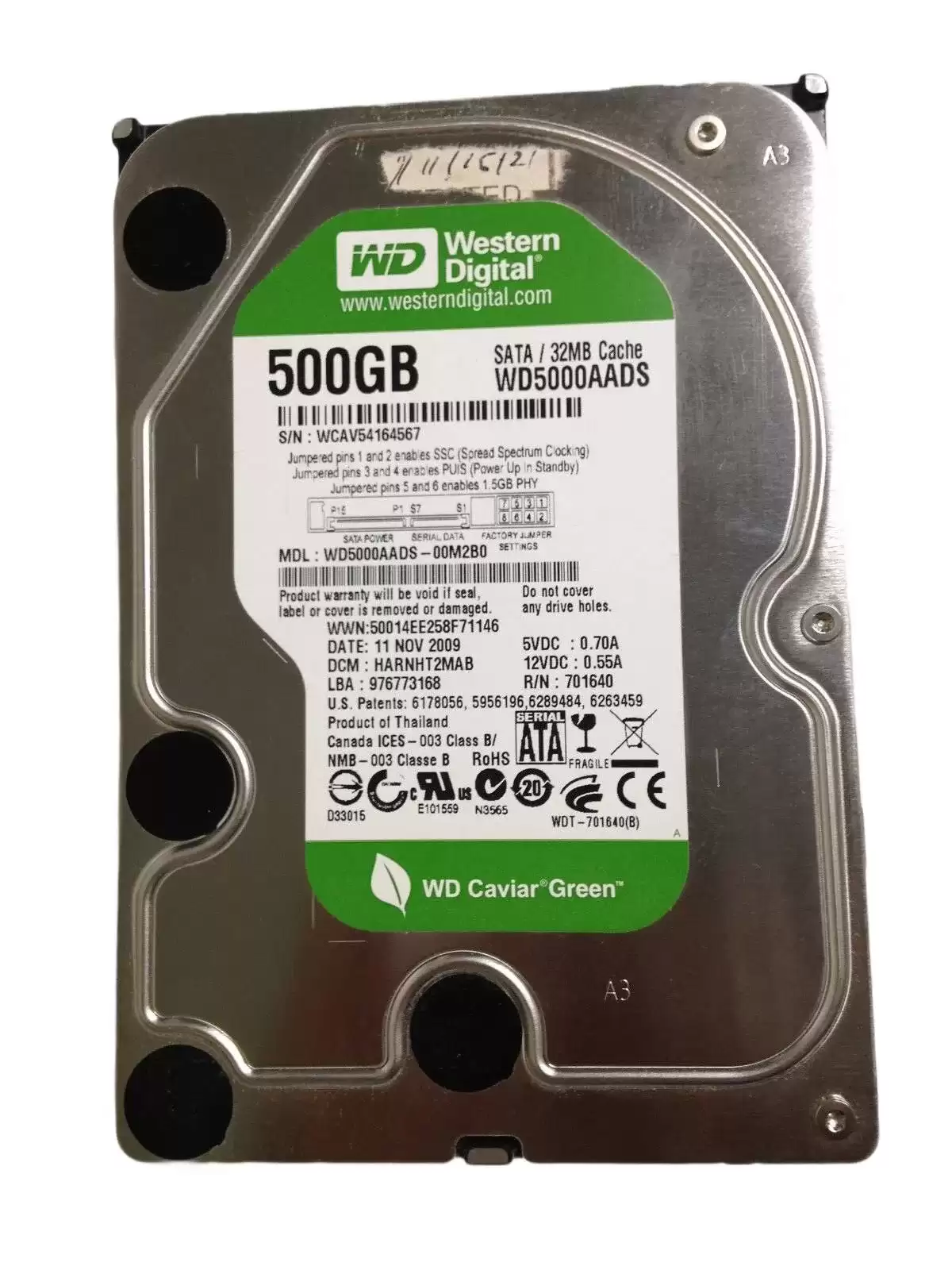 Western Digital WD5000AADS-00M2B0 Caviar Green 500GB SATA 3GB/s 7-Pin 7200RPM 32MB Cache 3.5-inch Internal Hard Drive