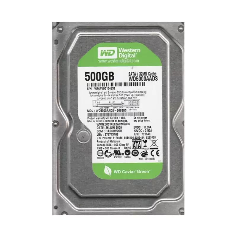Western Digital WD5000AADS-56S9B0 Caviar Green 500GB SATA 3GB/s 7-Pin 7200RPM 32MB Cache 3.5-inch Internal Hard Drive
