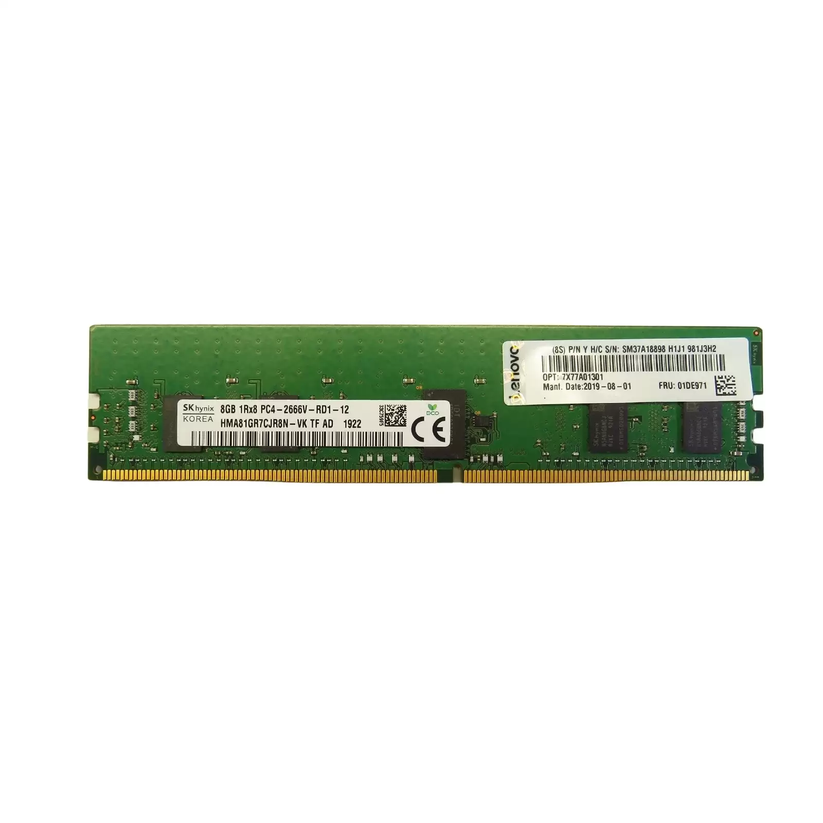 IBM 01DE971 8GB 2666MHz DDR4 PC4?21300 ECC Registered DIMM CL19 288?Pin 1.2V Single Rank x8 Memory Module
