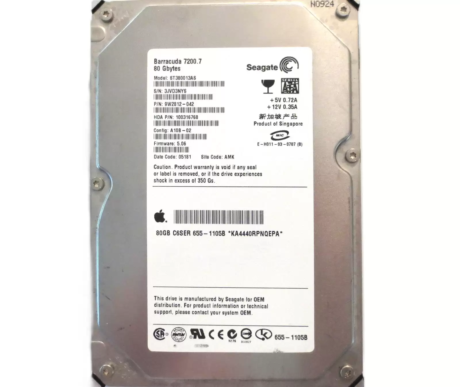 Seagate ST380013AS Barracuda 7200.7 80GB SATA 1.5Gb/s 3.5Inch Internal Hard Drive