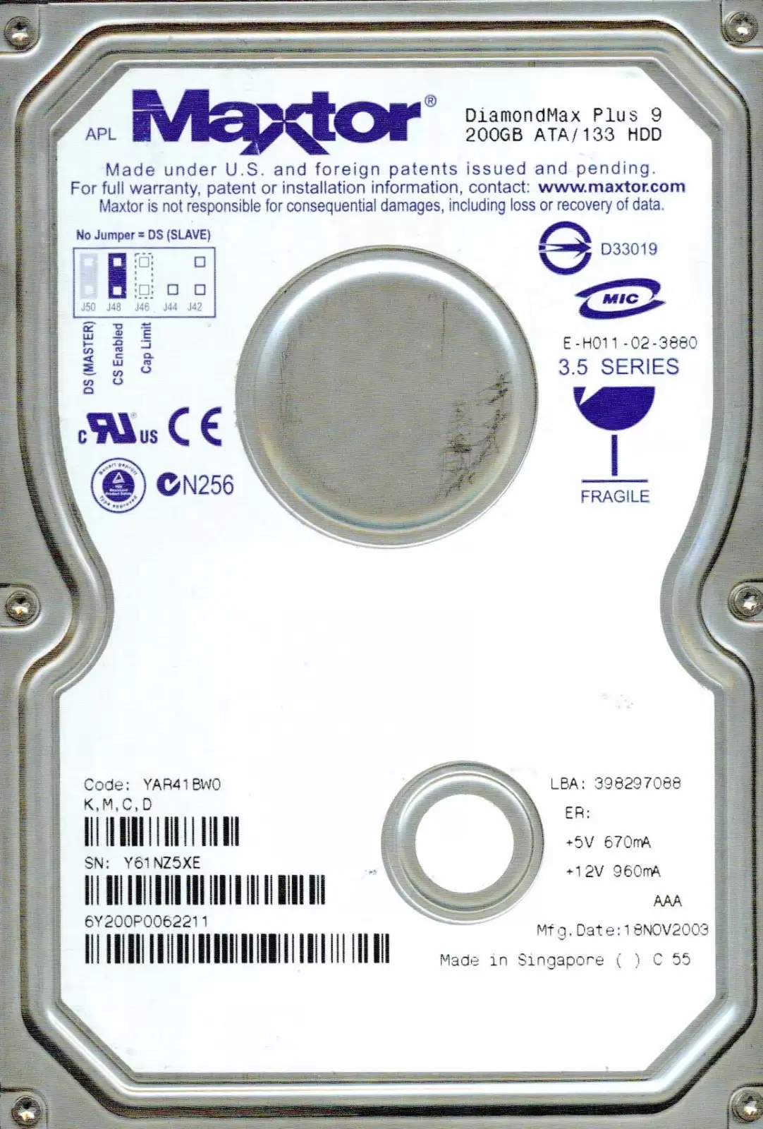 Maxtor 6Y200P0062211 DiamondMax Plus 9 200GB 7200RPM ATA133 8MB Cache 3.5inch Internal Hard Drive