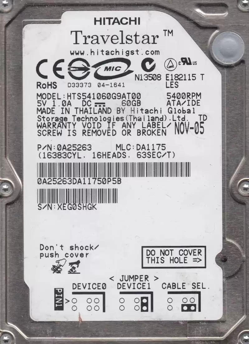 HGST 0A25263 Travelstar 5K100 60GB ATA/100 5400RPM 8MB Cache 2.5-inch Internal Hard Drive
