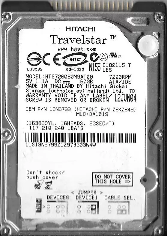 HGST HTS726060M9AT00 Travelstar 7K60 60GB ATA/100 7200RPM 8MB Cache 2.5-inch Internal Hard Drive