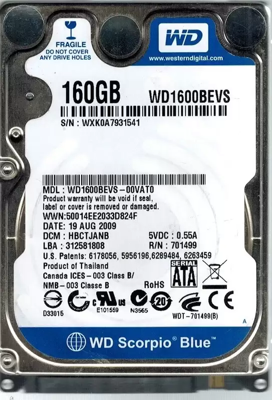 Western Digital WD1600BEVS Digital Scorpio Blue 160GB SATA 3Gb/s 2.5inch Internal Hard Drive