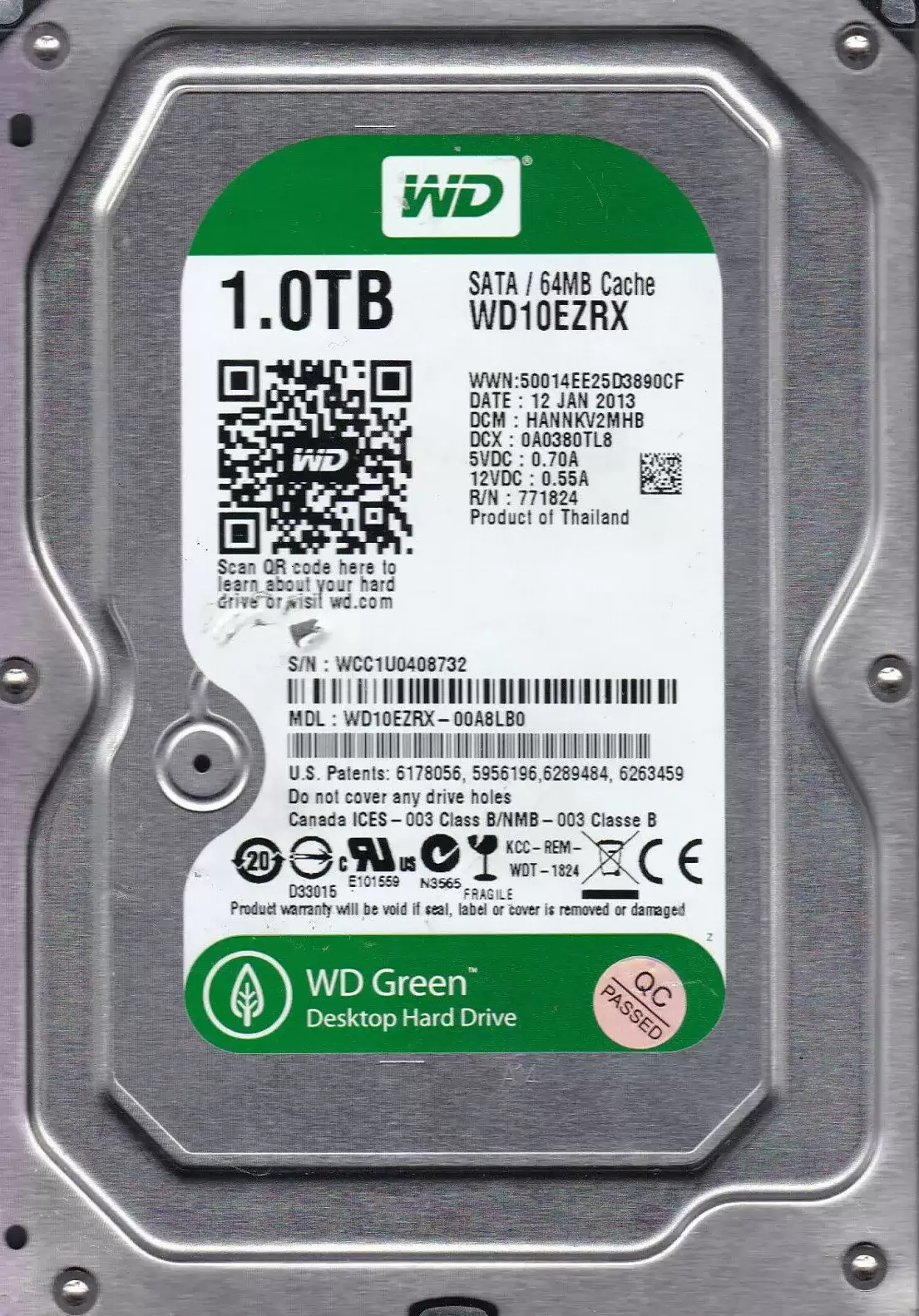 Western Digital WD10EZRX-00A8LB0 Green 1TB SATA 6GB/s 5400RPM 64MB Cache 3.5inch Internal Hard Drive